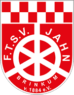 Wappen des FTSV Jahn Brinkum, rot und weiß, mit einem Kreuz und Schachbrettmuster im oberen Bereich.